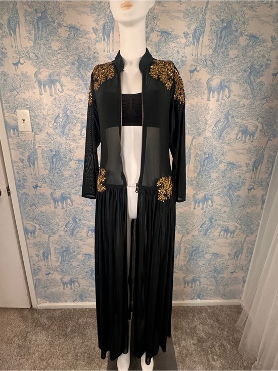 Vintage Dresses & Skirts - Vintage Black Mesh Zip-Front Maxi duster with Gold Appliqué